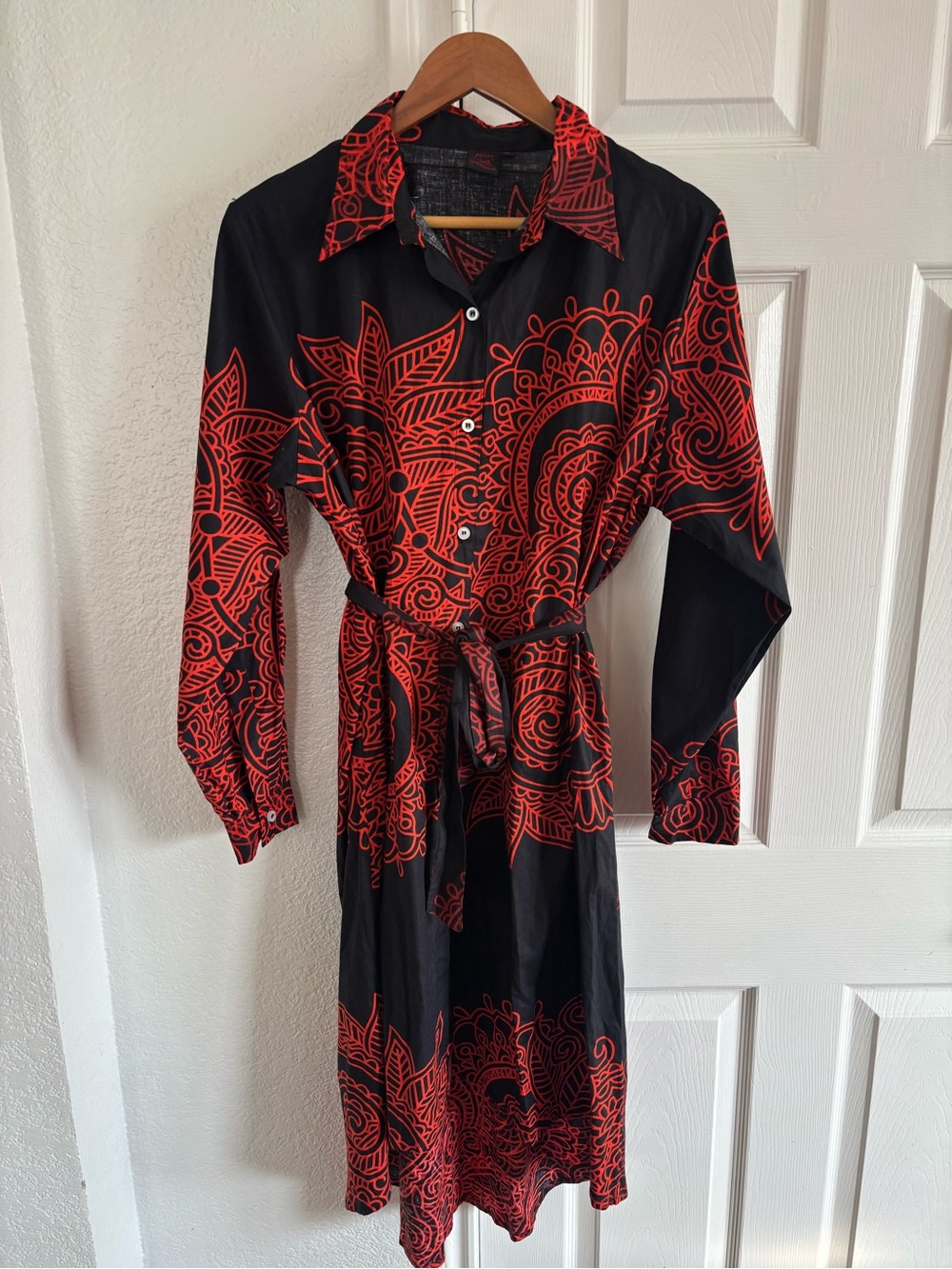 Aller Simplement Button Shirt Belted Black Orange Cotton Boho‎ Dress Size XL